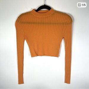 Zara Orange Ribbed Long‎ Sleeve Crop Top Crewneck Fitted Stretch - Size Small